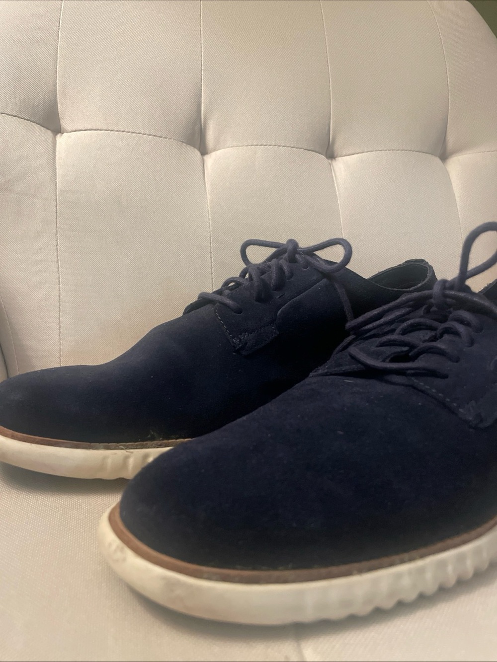 Cole Haan Navy Suede Derby Shoes with White Sole